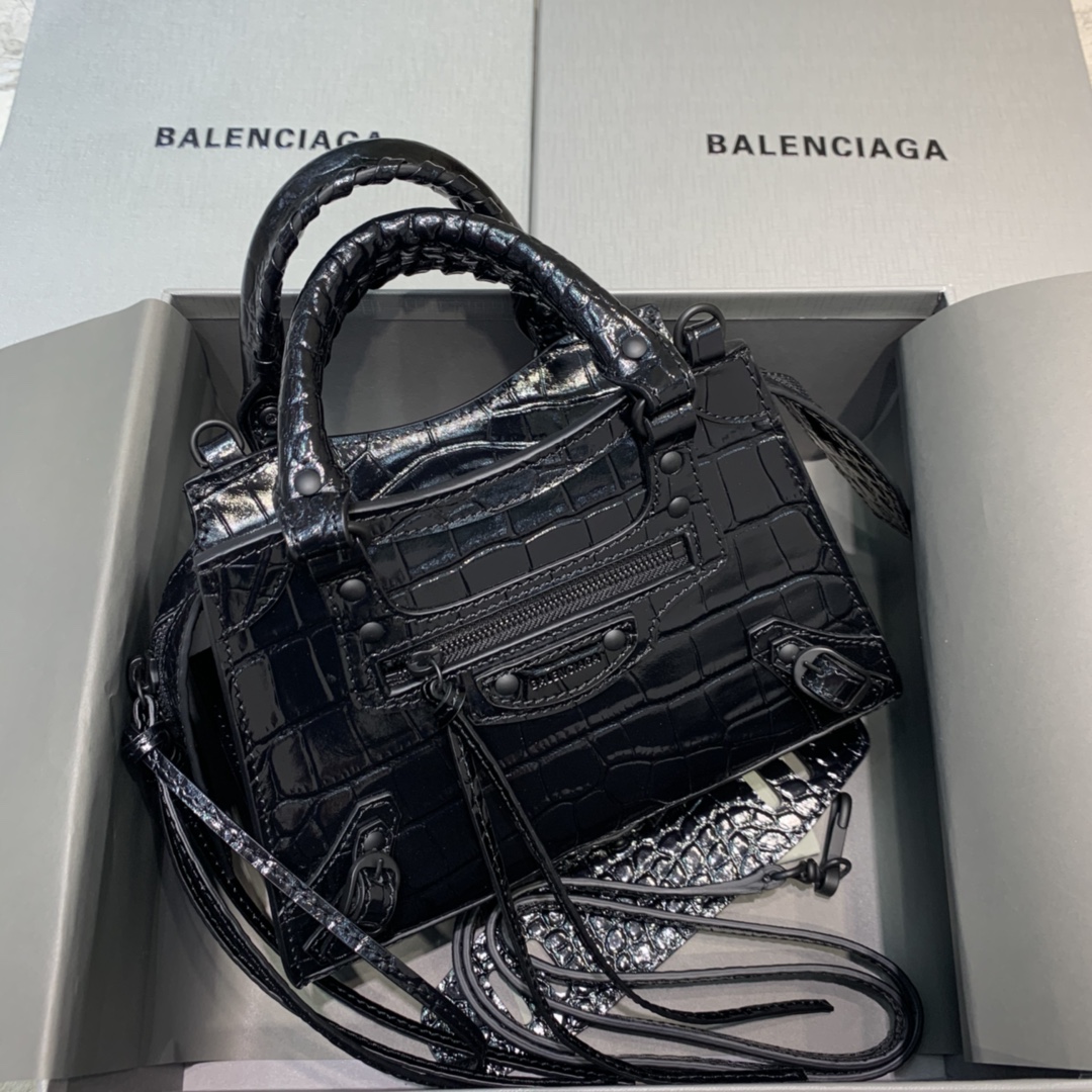 Balenciaga Neo Classic Mini Handbag Crocodile Embossed Shoulder Bag Black